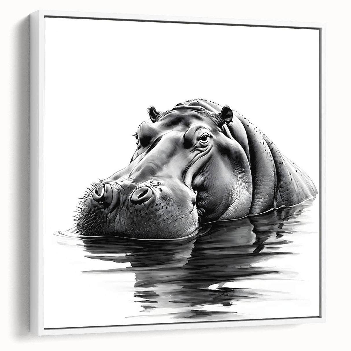 Framed canvas wall art showcasing a side view of a hippopotamus in a lush landscape, emphasizing its unique textures and colors, ideal for wildlife enthusiasts.
