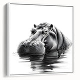 Framed canvas wall art showcasing a side view of a hippopotamus in a lush landscape, emphasizing its unique textures and colors, ideal for wildlife enthusiasts.
