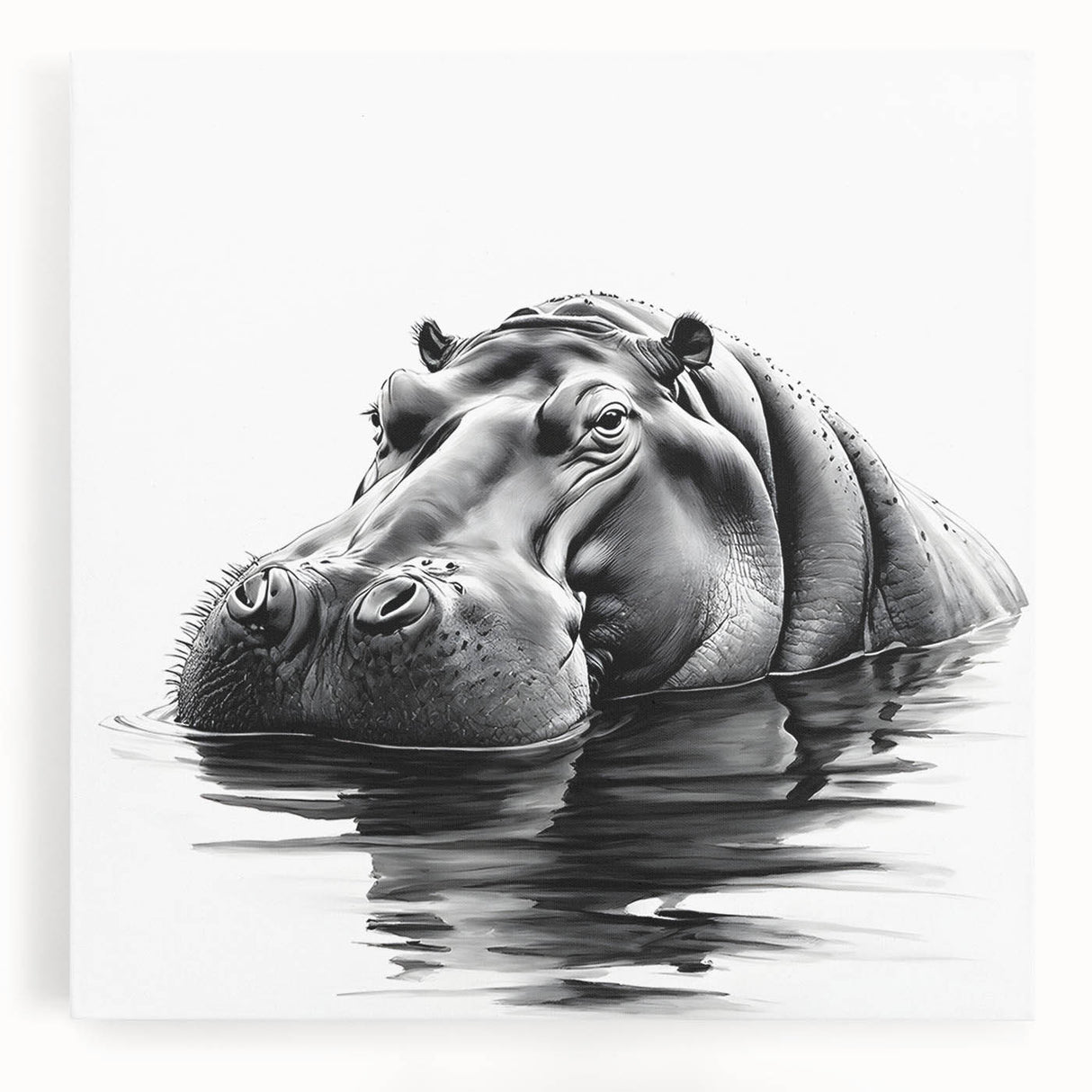 Vibrant canvas wall art showcasing a detailed front view of a hippopotamus in its natural habitat, perfect for wildlife enthusiasts and home decor.