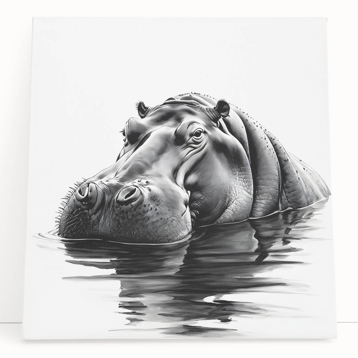 Hippopotamus wall art design on stretched canvas, showcasing vibrant colors and intricate details, perfect for wildlife enthusiasts and home decor.
