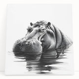 Hippopotamus wall art design on stretched canvas, showcasing vibrant colors and intricate details, perfect for wildlife enthusiasts and home decor.