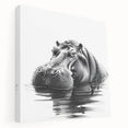 Stretched canvas artwork depicting a side view of a hippopotamus in a vibrant natural setting, showcasing detailed textures and colors, perfect for wildlife enthusiasts.