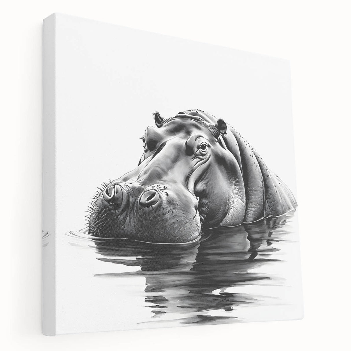 Stretched canvas artwork depicting a side view of a hippopotamus in a vibrant natural setting, showcasing detailed textures and colors, perfect for wildlife enthusiasts.