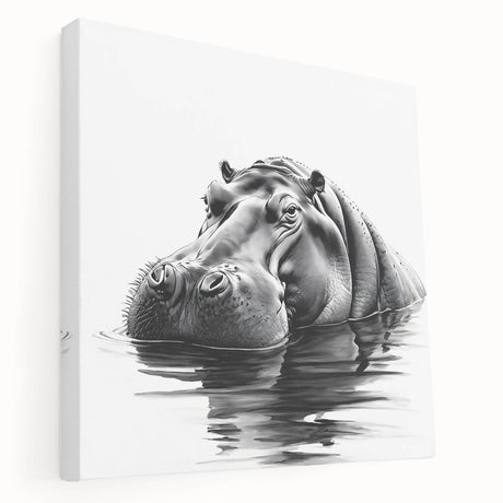 Stretched canvas artwork depicting a side view of a hippopotamus in a vibrant natural setting, showcasing detailed textures and colors, perfect for wildlife enthusiasts.