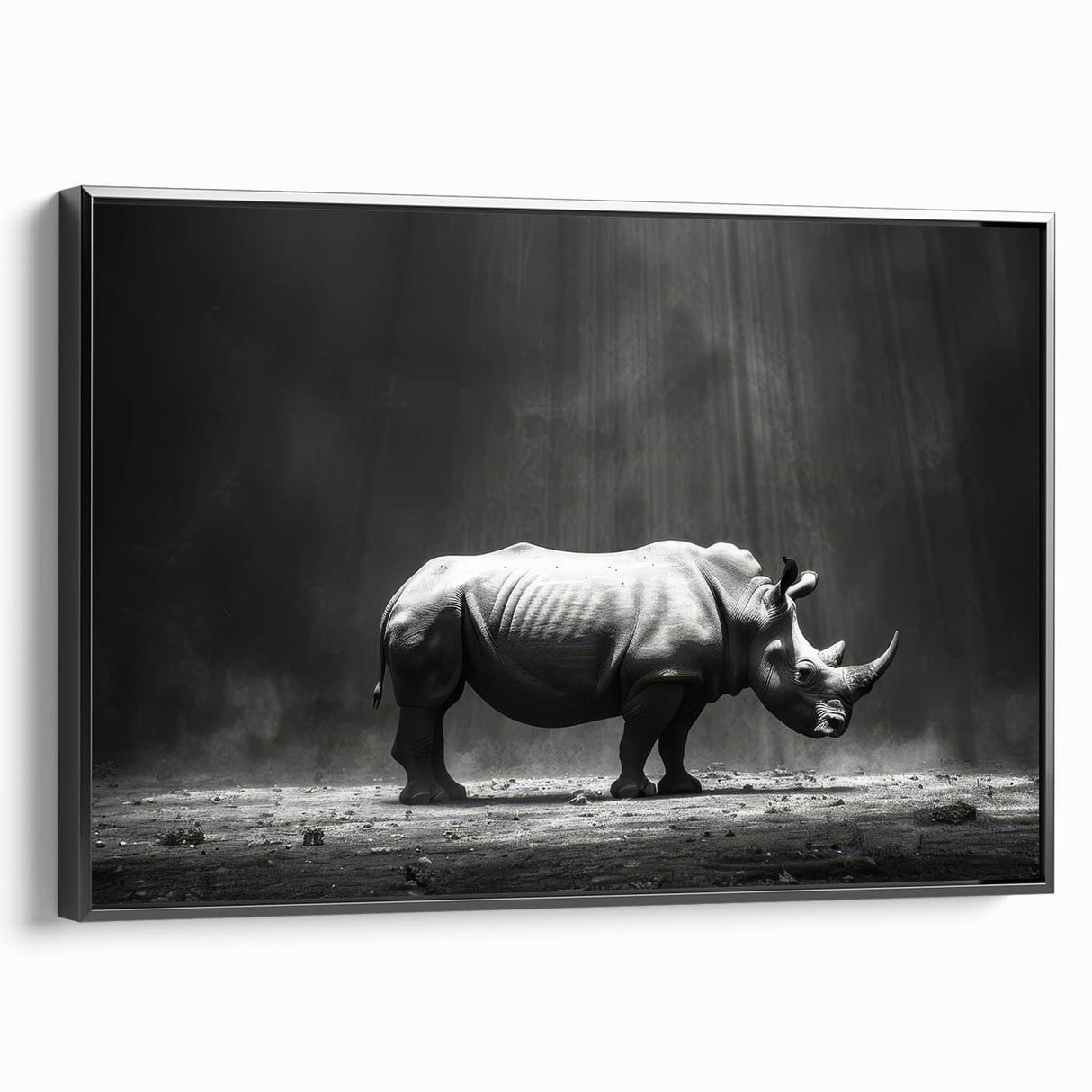 Framed wall art featuring a black side view of a hippopotamus, showcasing intricate details and textures, perfect for wildlife enthusiasts and home decor.