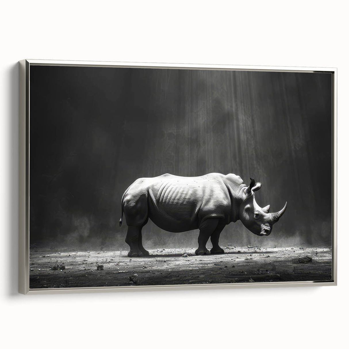 Framed canvas wall art showcasing a silver side view of a hippopotamus, highlighting its unique features and textures, perfect for wildlife enthusiasts and home decor.