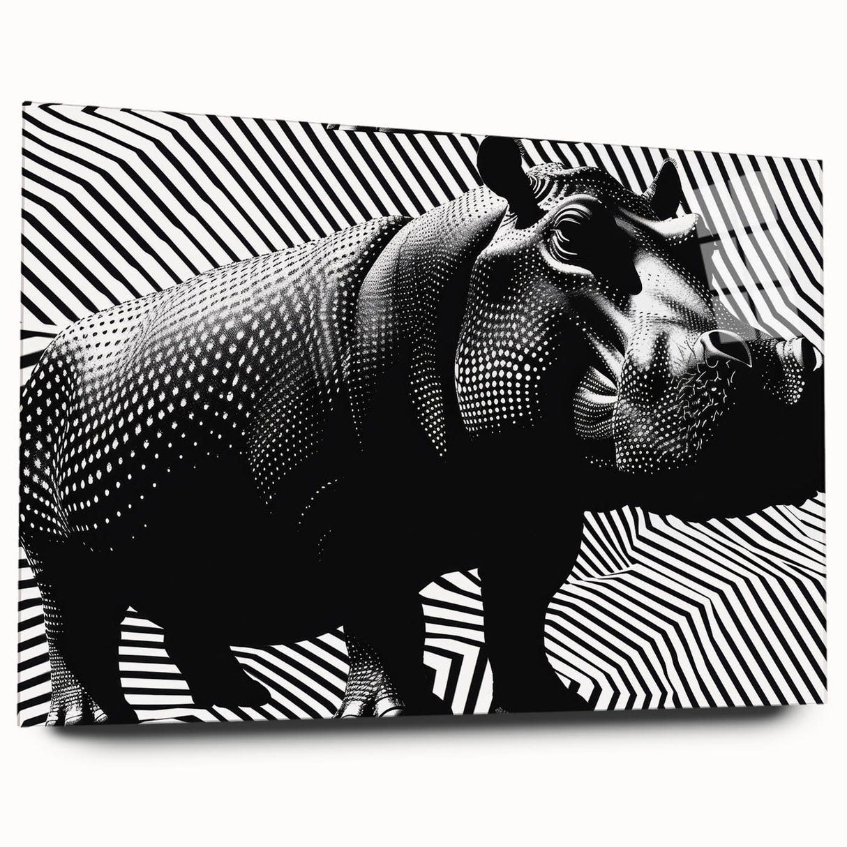 Side view of a sleek acrylic glass wall art piece showcasing a vibrant hippopotamus design, perfect for animal lovers and modern decor enthusiasts. The artwork's vivid colors and unique style enhance any space, making it an eye-catching focal point.