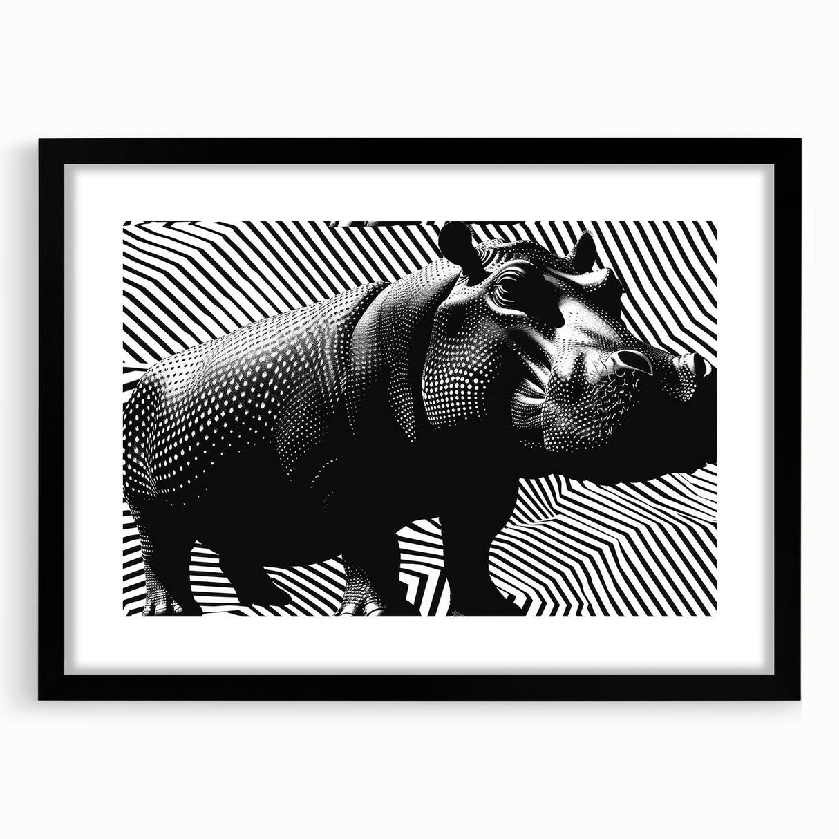 Black-framed wall art depicting a hippopotamus in a vibrant, colorful design, perfect for animal lovers and home decor enthusiasts. Ideal for adding a touch of wildlife elegance to any space.