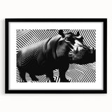 Black-framed wall art depicting a hippopotamus in a vibrant, colorful design, perfect for animal lovers and home decor enthusiasts. Ideal for adding a touch of wildlife elegance to any space.