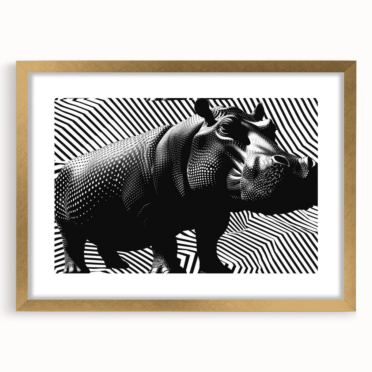 Gold-framed wall art showcasing a detailed front view of a hippopotamus in a vibrant, artistic style. Ideal for adding a touch of wildlife decor to any room.