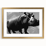 Gold-framed wall art showcasing a detailed front view of a hippopotamus in a vibrant, artistic style. Ideal for adding a touch of wildlife decor to any room.