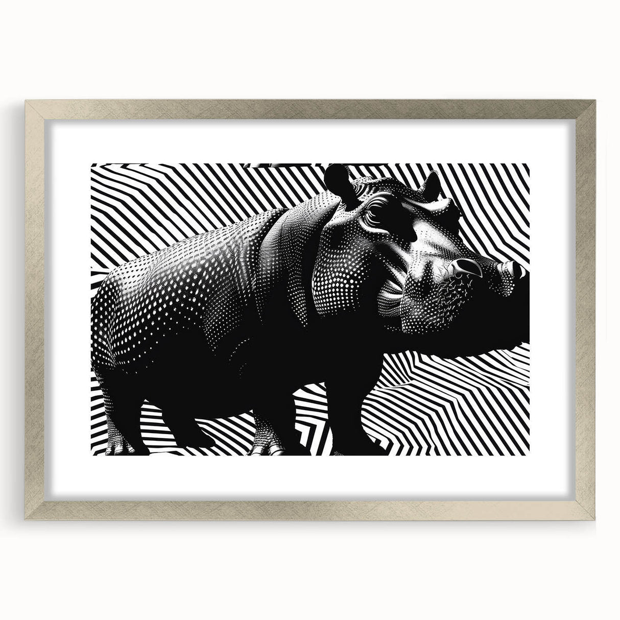 Hippopotamus-themed wall art collection framed with a silver mat, showcasing vibrant colors and intricate design details, perfect for wildlife enthusiasts.