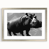 Hippopotamus-themed wall art collection framed with a silver mat, showcasing vibrant colors and intricate design details, perfect for wildlife enthusiasts.