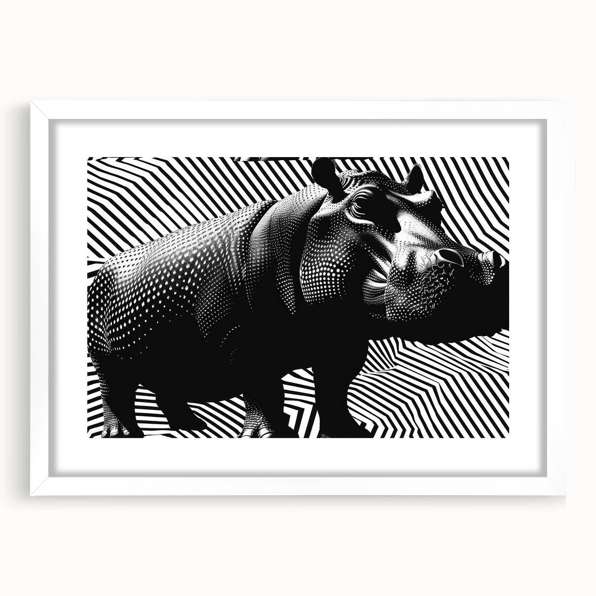 Hippopotamus-themed wall art design featuring a detailed illustration in a white frame with matting, ideal for adding a touch of wildlife decor to any room.