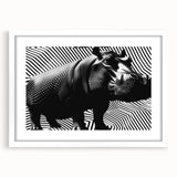 Hippopotamus-themed wall art design featuring a detailed illustration in a white frame with matting, ideal for adding a touch of wildlife decor to any room.