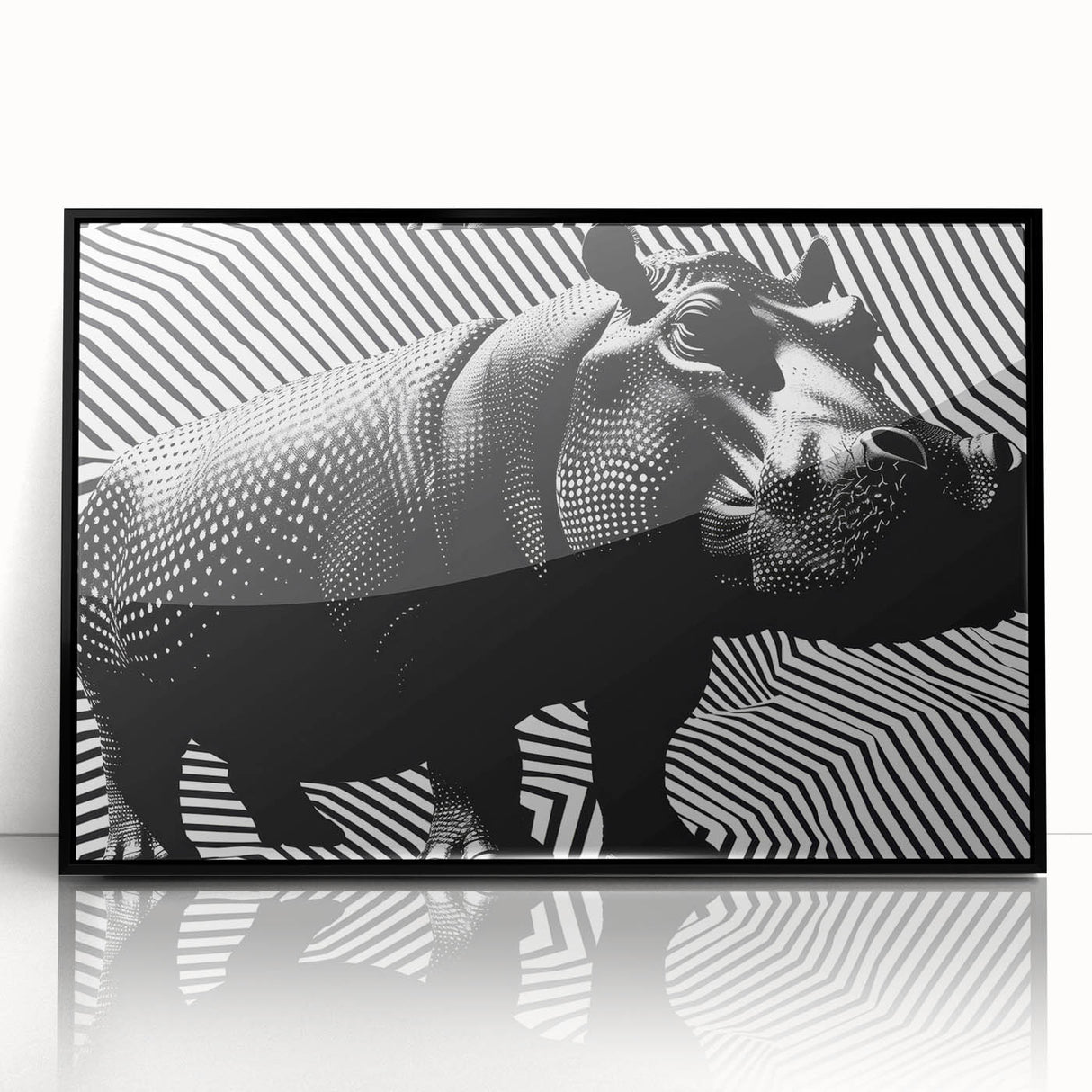 Framed wall art showcasing a striking black-front view of a hippopotamus, designed with intricate details and vibrant colors, perfect for animal lovers and home decor enthusiasts.