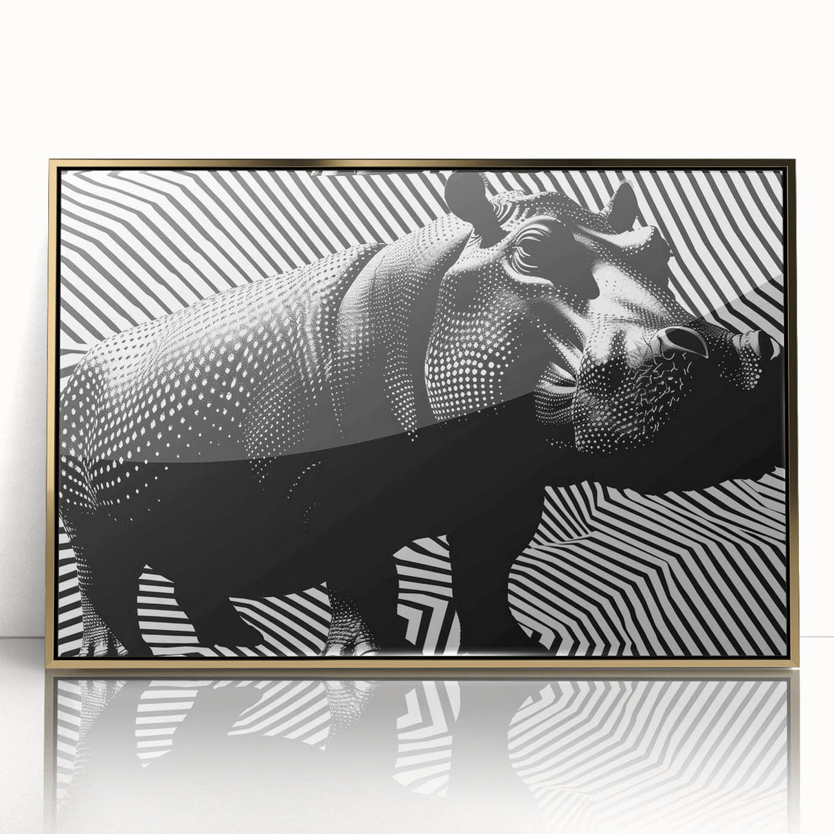 Framed wall art featuring a detailed front view of a hippopotamus, designed with a gold acrylic finish, perfect for animal lovers and wildlife decor enthusiasts.