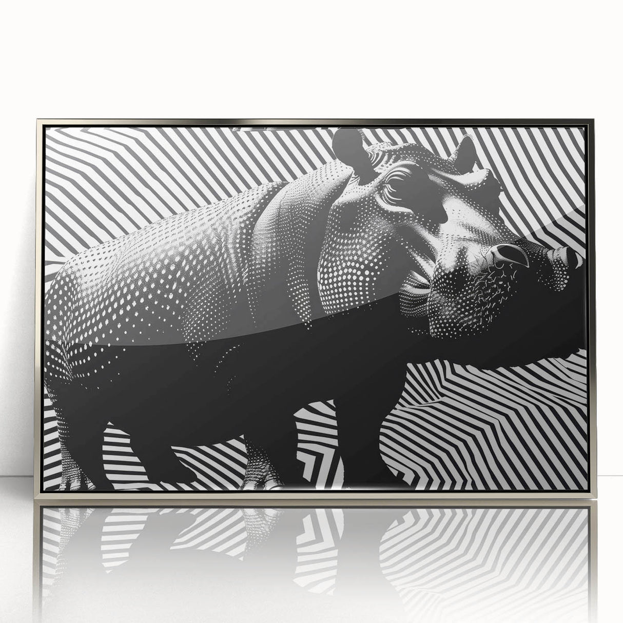 Framed wall art featuring a striking silver-accented design of a hippopotamus, showcasing intricate details and vibrant colors, ideal for animal lovers and collectors.