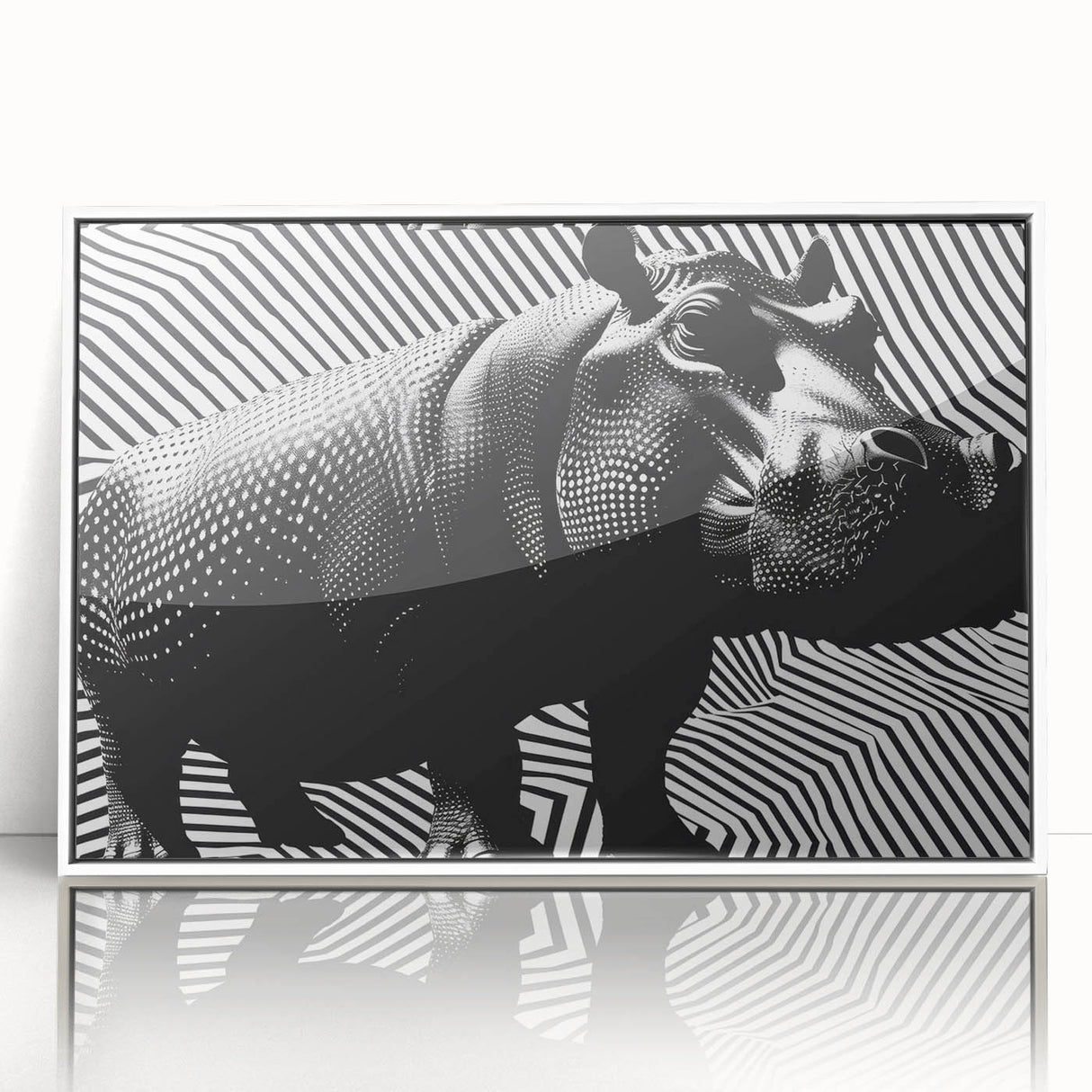 Framed wall art showcasing a vibrant hippopotamus design in a white frame, featuring a detailed front view of the animal against a colorful background, perfect for wildlife enthusiasts.