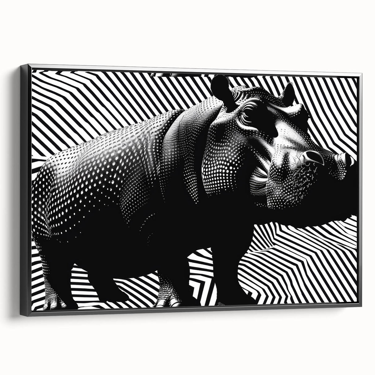 Framed canvas wall art featuring a side view of a hippopotamus in a natural setting, showcasing vibrant colors and intricate details, perfect for wildlife enthusiasts.