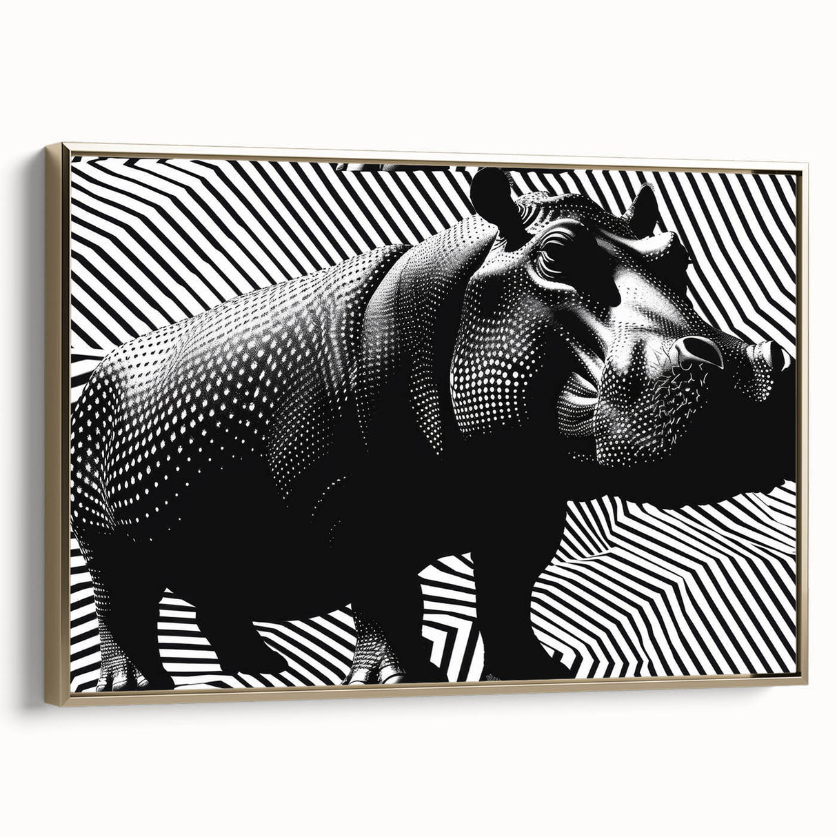 Framed canvas wall art showcasing a side view of a hippopotamus in a gold color palette, perfect for adding a touch of nature-inspired elegance to home decor.