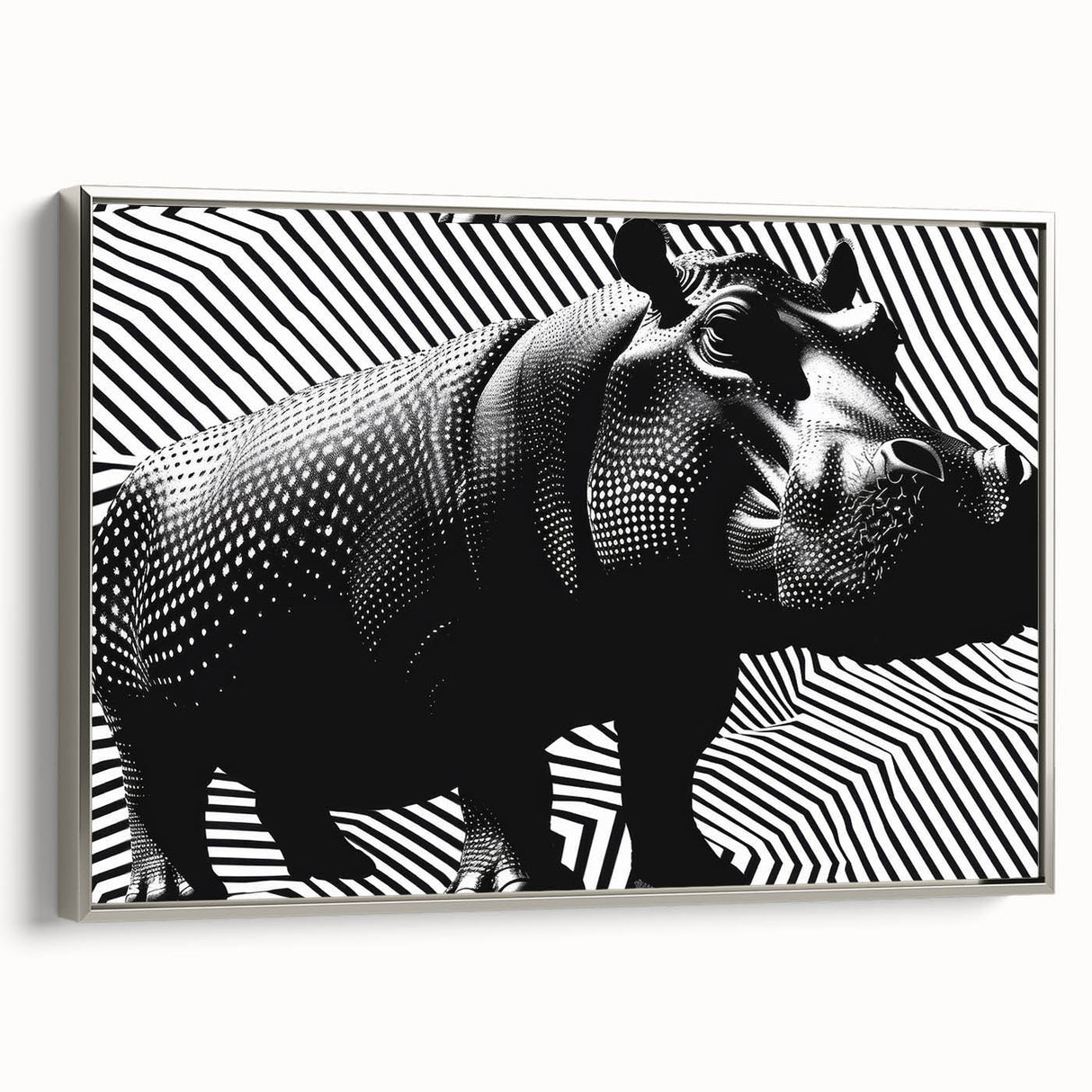 Hippopotamus wall art design in a sleek silver frame, showcasing a detailed side view of the animal against a soft background, perfect for wildlife enthusiasts.