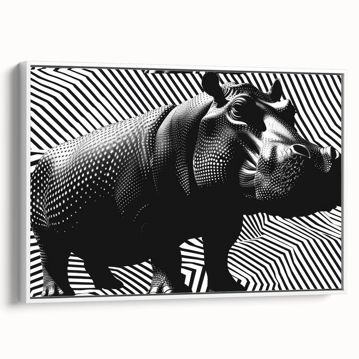 Framed wall art featuring a side view of a hippopotamus in a serene jungle setting, showcasing vibrant colors and intricate details, perfect for animal lovers’ decor.