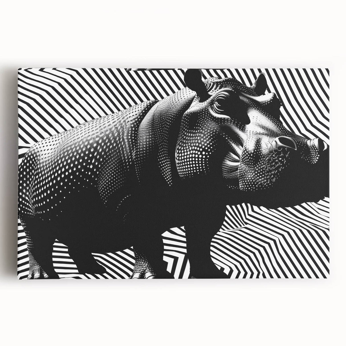 Front view of a vibrant, stretched canvas wall art featuring a realistic hippopotamus design in a natural setting, perfect for animal lovers and wildlife decor.