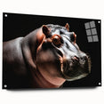 Side view of a vibrant acrylic glass wall art piece showcasing a hippopotamus design, featuring intricate details and bright colors, ideal for animal lovers’ decor.