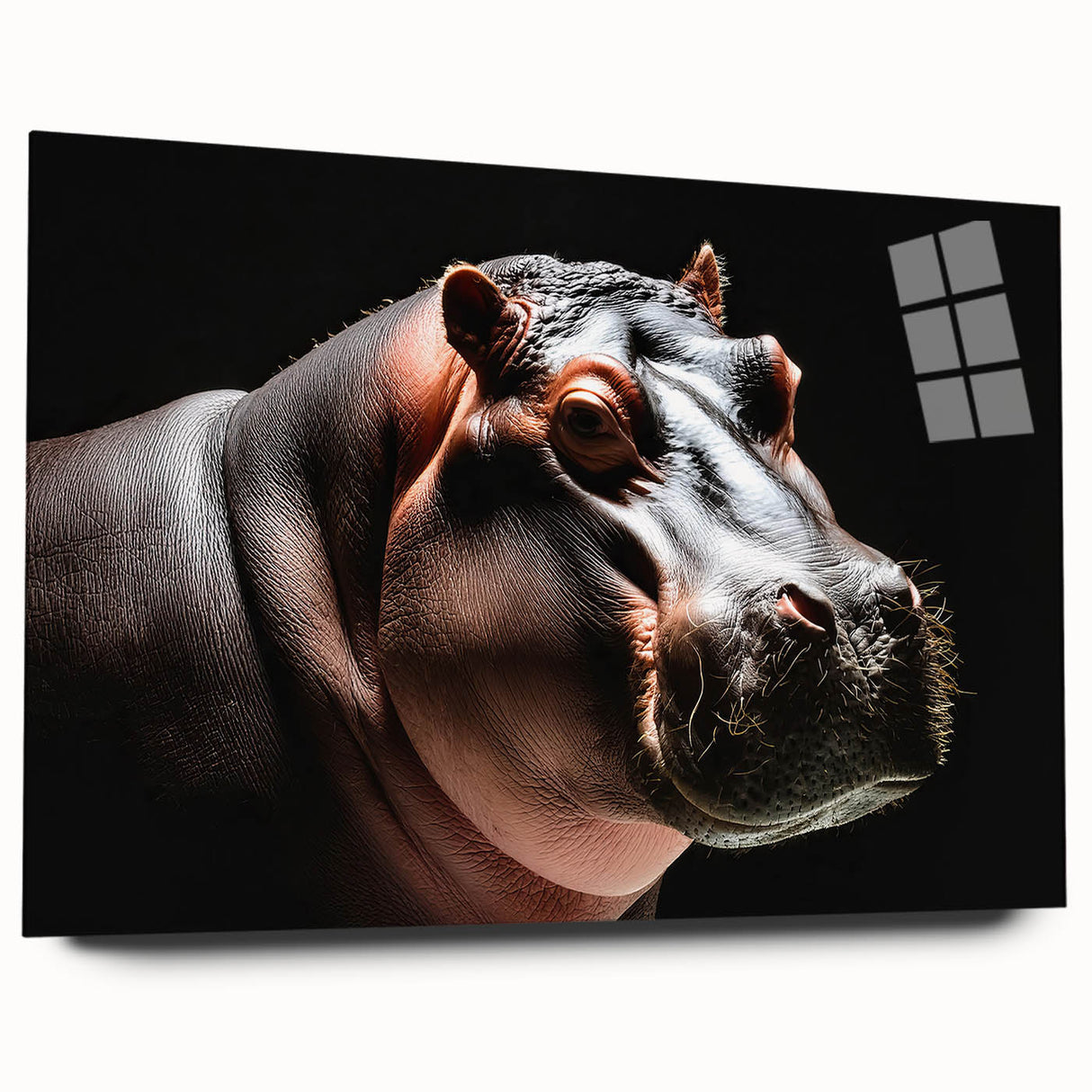 Side view of a vibrant acrylic glass wall art design featuring a hippopotamus in a natural habitat, showcasing rich colors and intricate details, perfect for animal lovers.