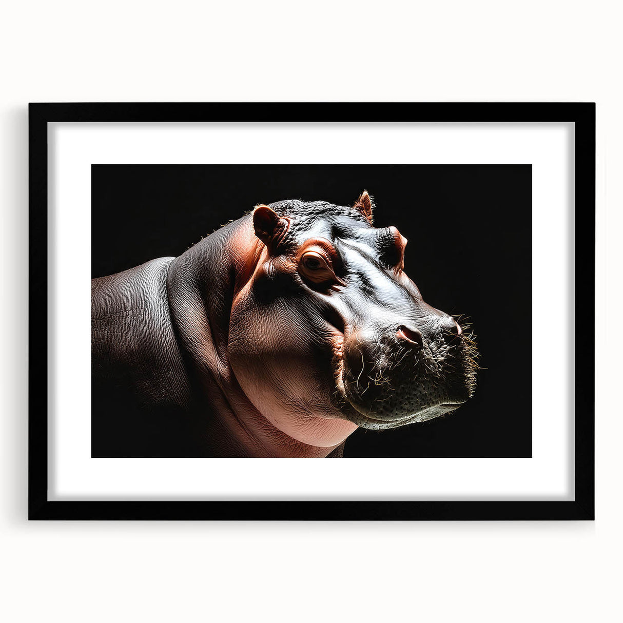 Black-framed wall art print showcasing a beautifully designed hippopotamus in a vibrant jungle setting, perfect for animal lovers and home decor enthusiasts.