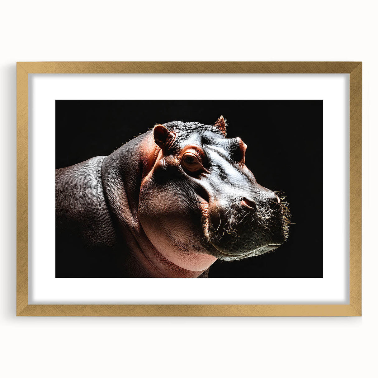 Hippopotamus wall art framed in gold, showcasing a detailed front view of the animal in a vibrant natural setting, perfect for wildlife enthusiasts and home decor.