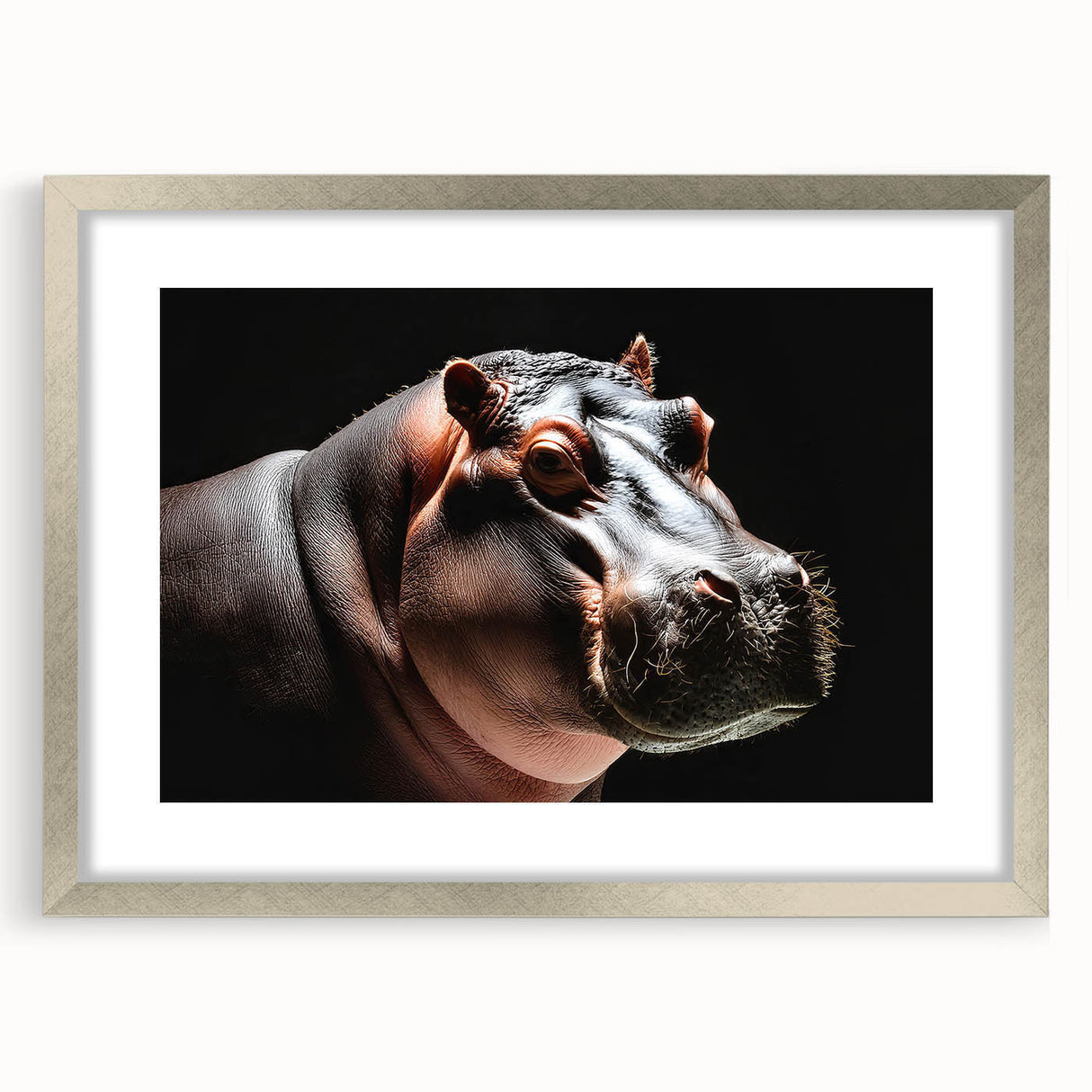 Hippopotamus-themed wall art design featuring a silver frame and mat, showcasing vibrant colors and intricate details, perfect for wildlife enthusiasts' decor.