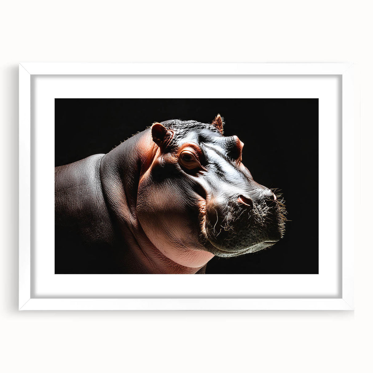 Hippopotamus wall art print featuring a colorful, vibrant design, displayed in a sleek white frame with a mat, perfect for enhancing wildlife-themed decor.