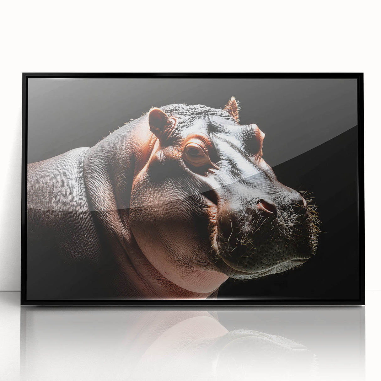 Framed acrylic wall art featuring a striking black front view of a hippopotamus design, showcasing vibrant colors and intricate details, perfect for animal lovers and modern decor.