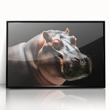 Framed acrylic wall art featuring a striking black front view of a hippopotamus design, showcasing vibrant colors and intricate details, perfect for animal lovers and modern decor.