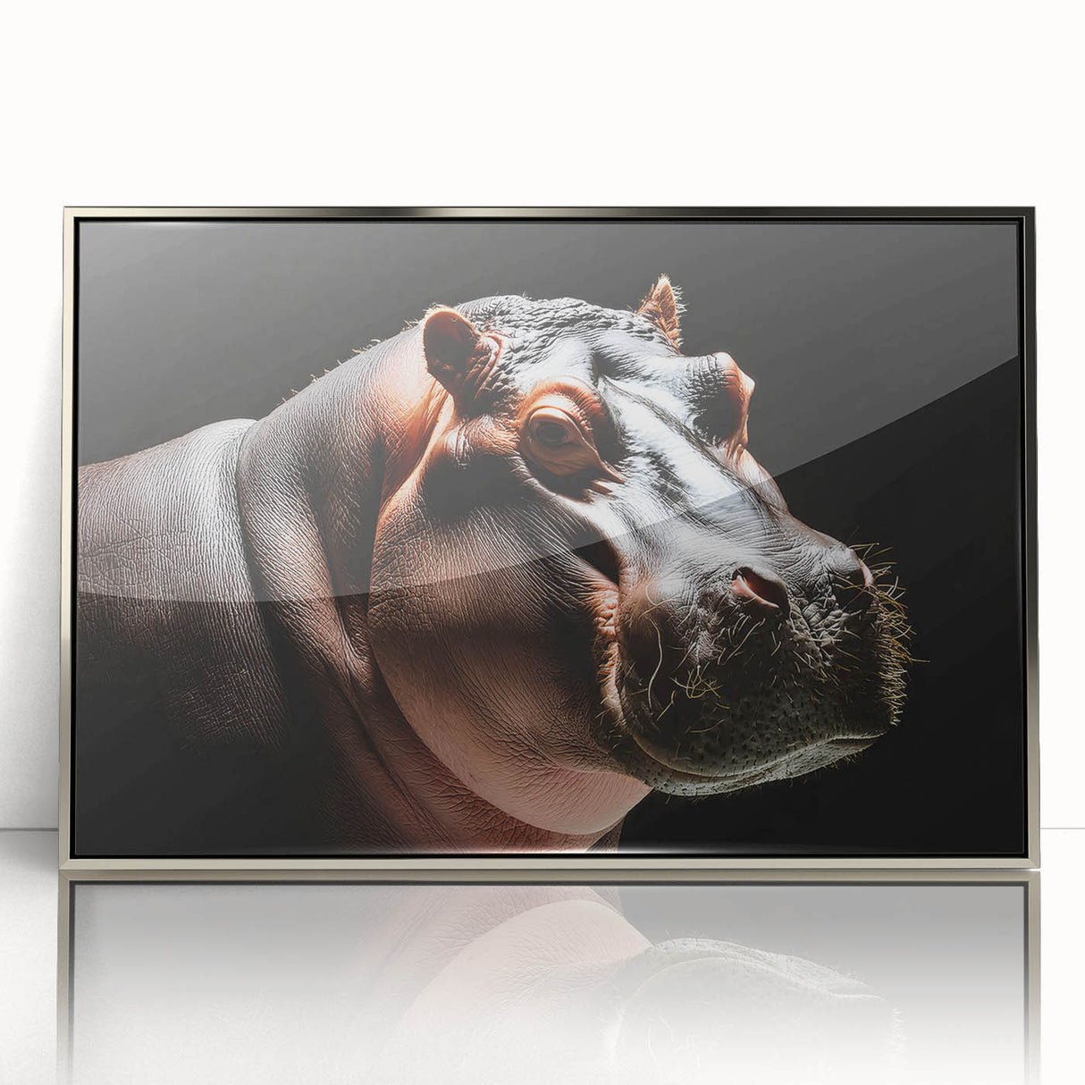 Framed wall art showcasing a close-up design of a hippopotamus in a serene aquatic setting, featuring vibrant colors and an elegant silver frame, perfect for animal lovers.