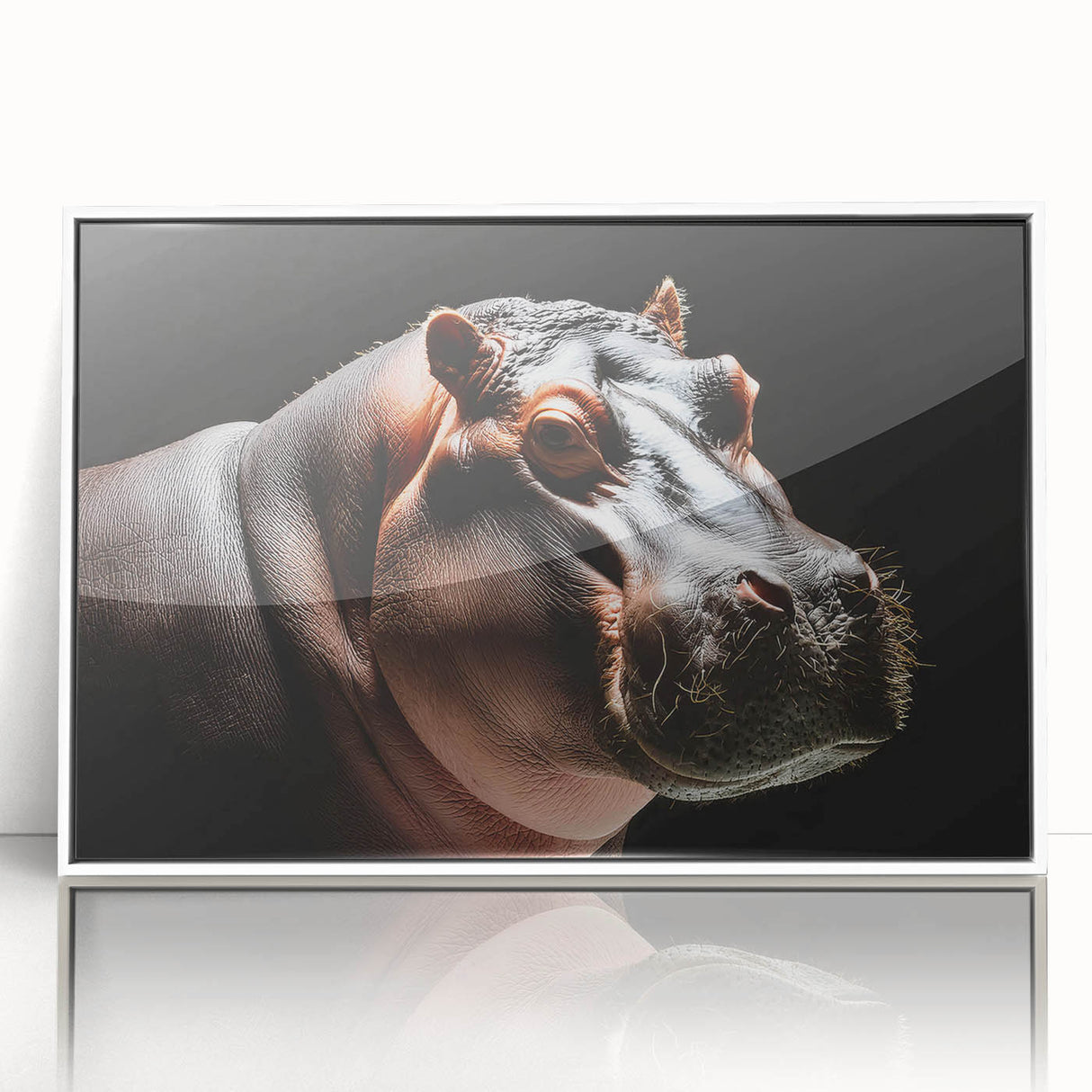 Framed wall art featuring a whimsical hippo design in vibrant colors, set against a white background, perfect for adding a playful touch to any room decor.