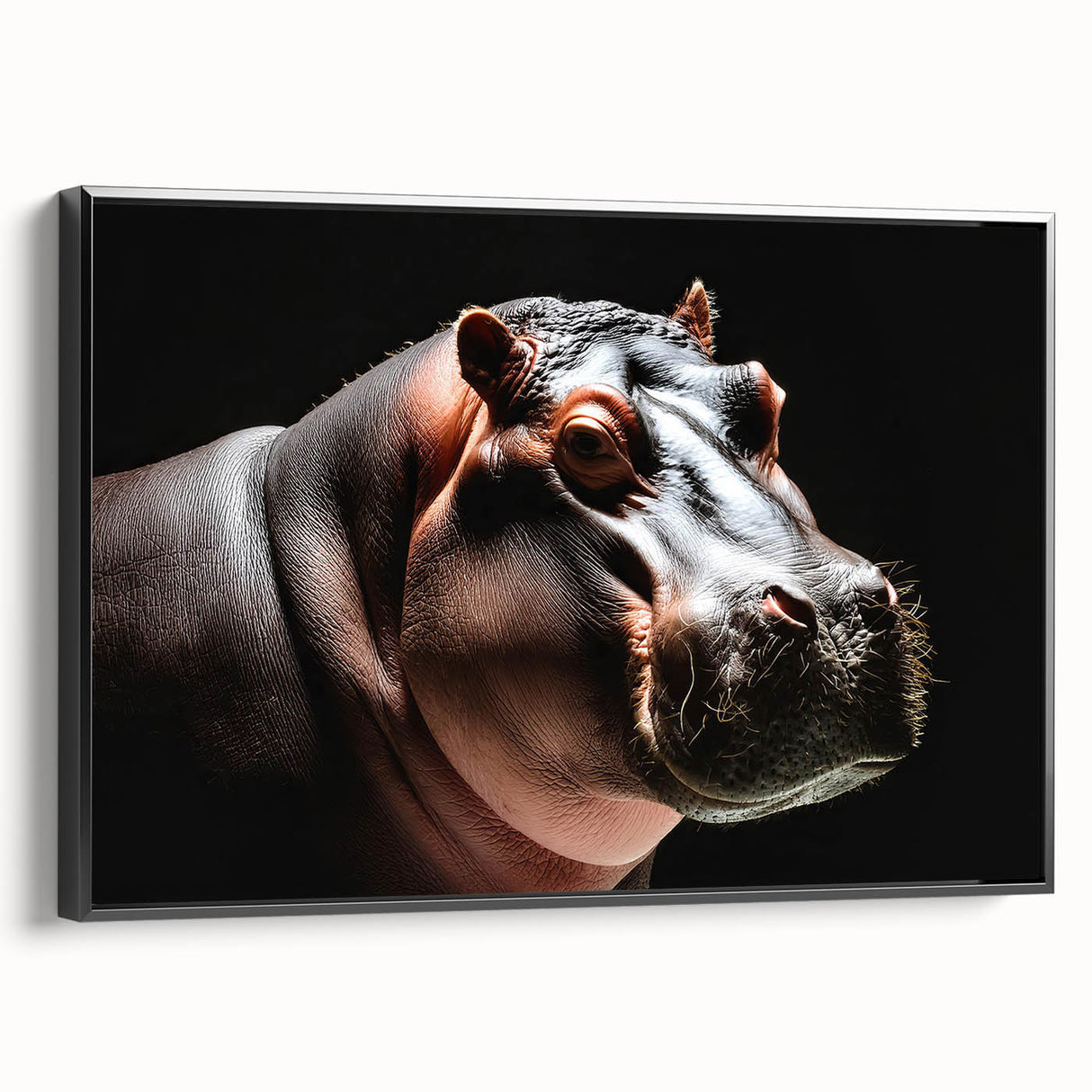 Framed wall art featuring a black-and-white side view of a hippopotamus, showcasing intricate details and textures, perfect for wildlife decor enthusiasts.