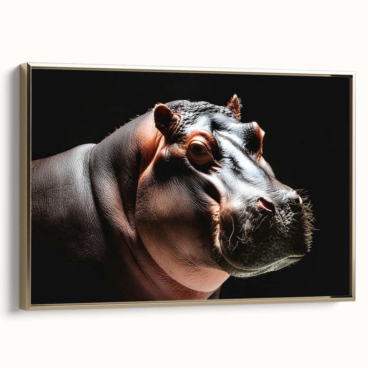 Framed canvas wall art featuring a side view of a majestic hippopotamus, showcasing intricate details in rich colors, perfect for wildlife enthusiasts and home decor.