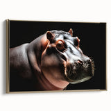 Framed canvas wall art featuring a side view of a majestic hippopotamus, showcasing intricate details in rich colors, perfect for wildlife enthusiasts and home decor.