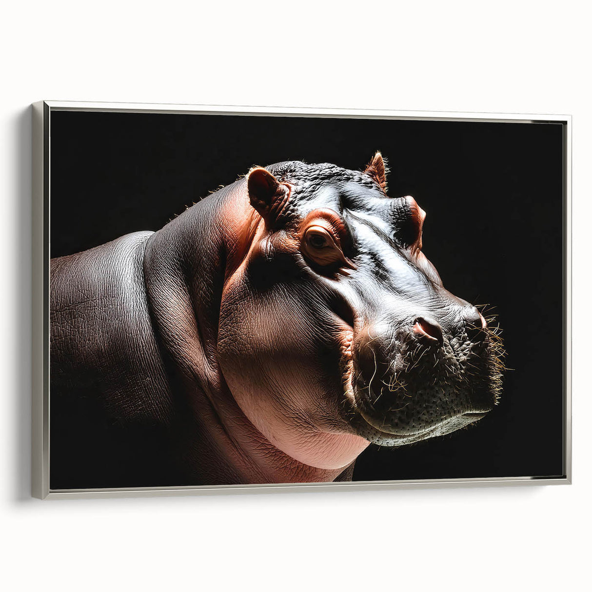 Framed canvas wall art showcasing a silver side view of a hippopotamus, highlighting its unique features in a vibrant wildlife design, perfect for animal lovers’ decor.