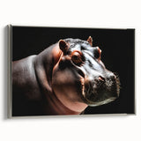 Framed canvas wall art showcasing a silver side view of a hippopotamus, highlighting its unique features in a vibrant wildlife design, perfect for animal lovers’ decor.