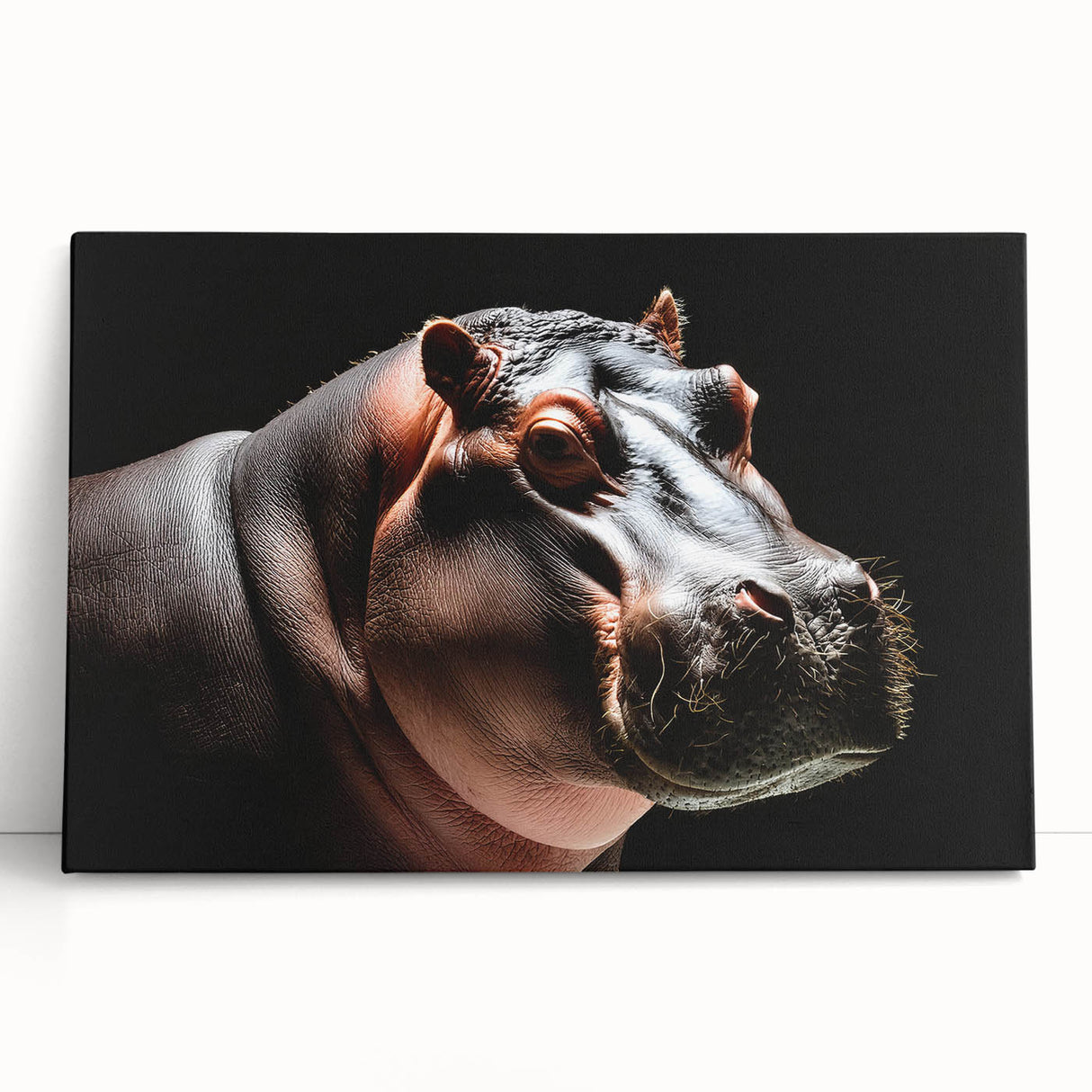 Vibrant stretched canvas art featuring a detailed hippopotamus design, ideal for wildlife enthusiasts; perfect for home decor or office accent.