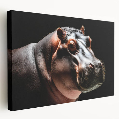 Stretched canvas wall art featuring a detailed side view of a hippopotamus in a natural habitat, showcasing earthy colors and vibrant textures, perfect for animal lovers.