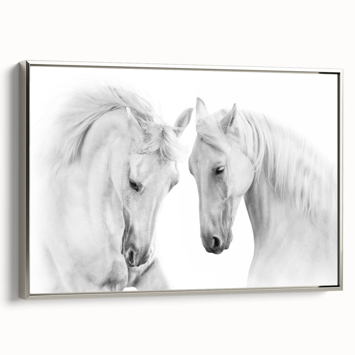 Framed canvas wall art showcasing a stunning silver horse design in a side view, featuring intricate details and a modern aesthetic, perfect for animal lovers and home decor enthusiasts.