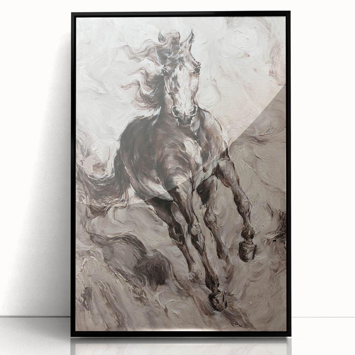 Framed acrylic wall art featuring a striking black and white horse design, showcasing intricate details and textures, perfect for equestrian-themed decor.
