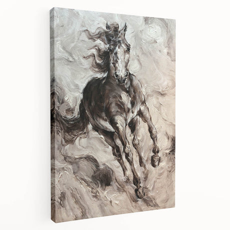 Side view of a stretched canvas wall art piece showcasing a detailed horse design, set against a neutral background, perfect for animal lovers and home decor enthusiasts.