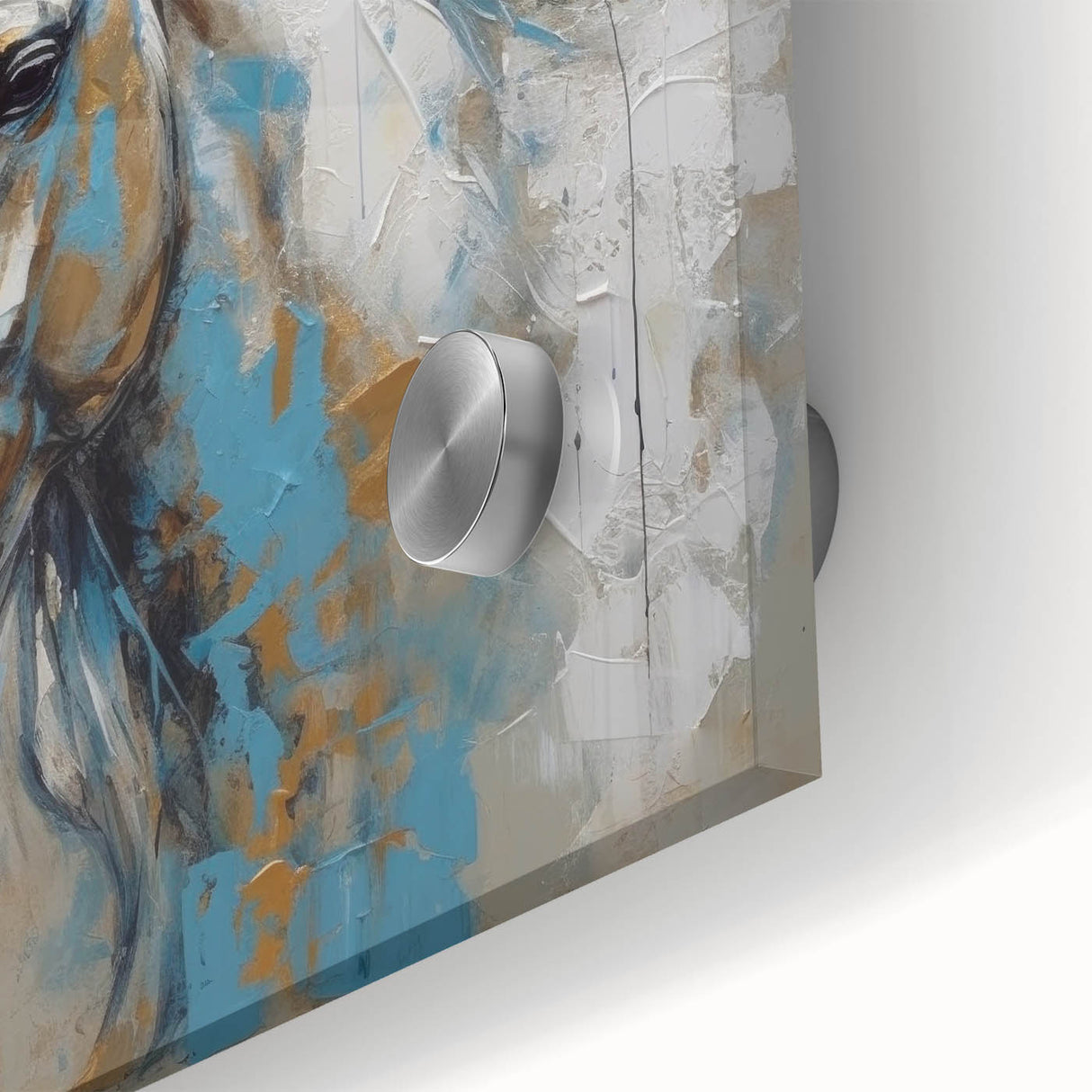 Close-up of a stunning acrylic glass wall art piece featuring a vibrant horse design, showcasing intricate details and rich colors, perfect for animal lovers and home decor enthusiasts.