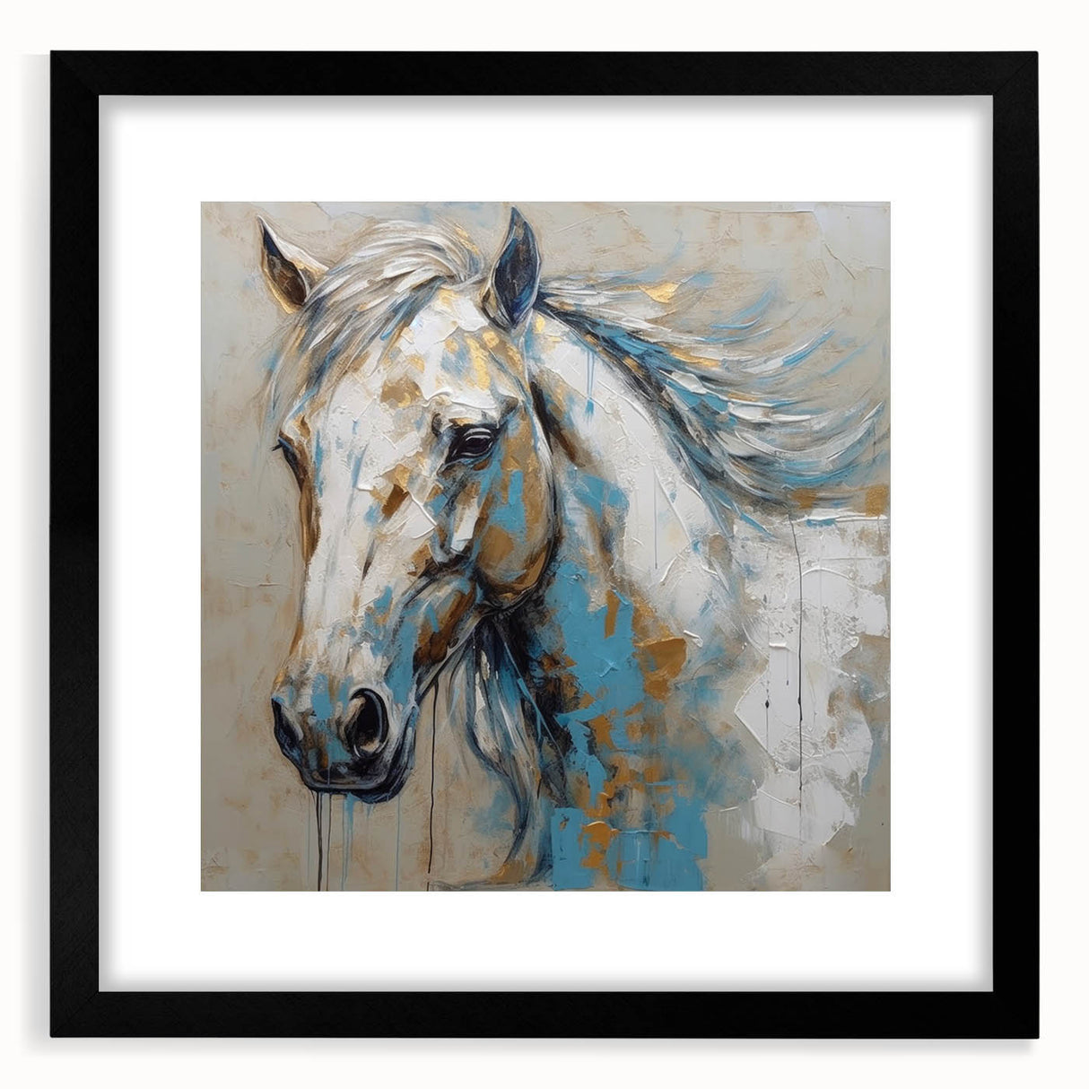 Black-framed wall art showcasing a wild horse design, featuring vibrant colors and intricate details, ideal for nature lovers and home decor enthusiasts.